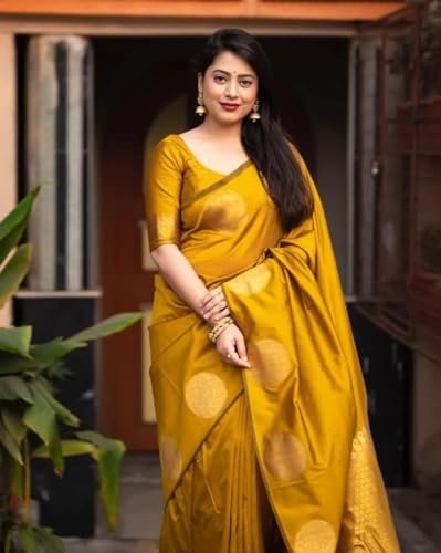 Yashika Women’s Banarasi Kanjivaram Cotton Silk Woven Saree with Unstitched Blouse Material (AZ-YS-OG-SRIVALLI YELLOW)