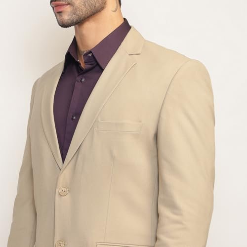 SUBTRACT Beige Slim Fit Single-Breasted Stretchable Blazer for All Seasons