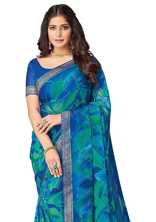 SIRIL Women's Lace & Printed Chiffon Saree with Blouse(2206S934_Blue & Multi) - Image 4