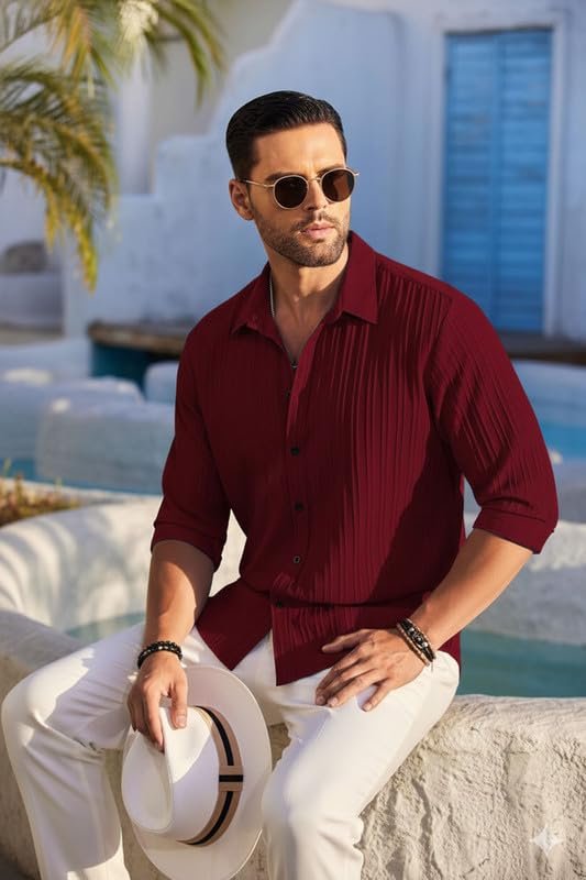 DEELMO Men’s Casual Button Down Shirts Long Sleeve Linen Shirt Fashion Textured Beach Summer Shirt (in, Alpha, M, Regular, Maroon)