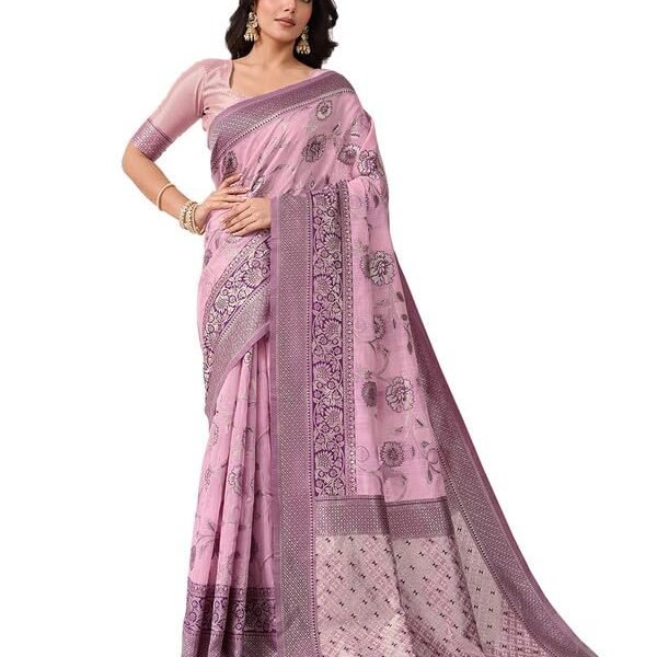 Rekha Maniyar Women’s Banarasi Silk Rani Saree with Unstitched Blouse | Woven Zari Floral Foil Print Design | 5.5 m Saree with 0.8 m Blouse | Festive & Casual dress material - Shoppermaart