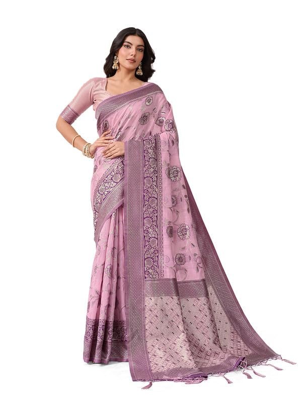 Rekha Maniyar Women’s Banarasi Silk Rani Saree with Unstitched Blouse | Woven Zari Floral Foil Print Design | 5.5 m Saree with 0.8 m Blouse | Festive & Casual dress material - Shoppermaart