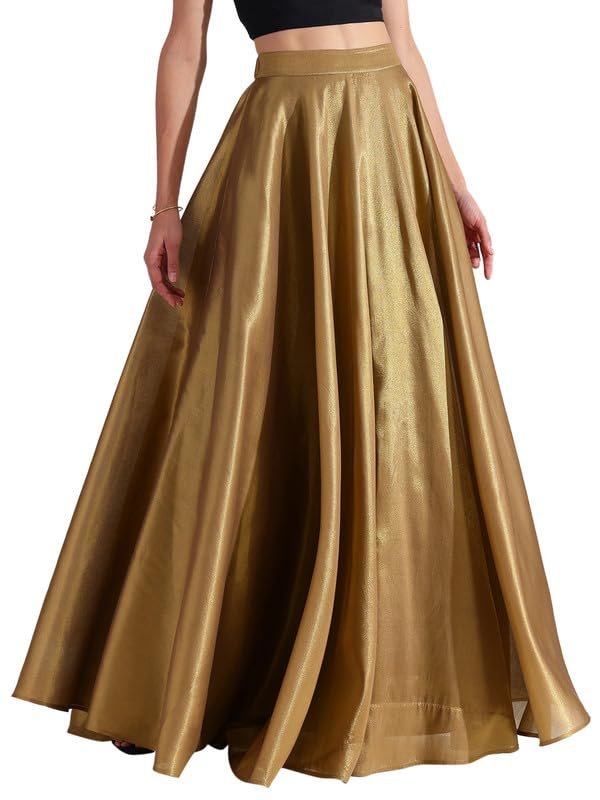 Pink Fort Women's Tissue Handwoven A-Line Skirt | Flared Silhouette with Functional Pockets for Evening Occasion | Gold dress material - Shoppermaart