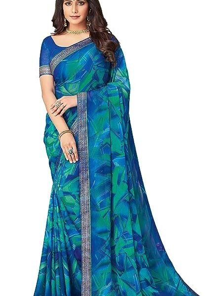 SIRIL Women's Lace & Printed Chiffon Saree with Blouse(2206S934_Blue & Multi) dress material - Shoppermaart