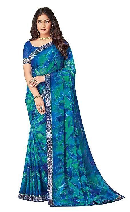 SIRIL Women's Lace & Printed Chiffon Saree with Blouse(2206S934_Blue & Multi) dress material - Shoppermaart