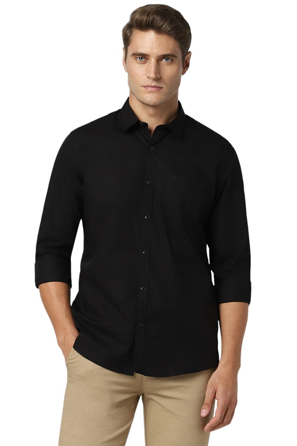 Peter England Men's Solid Slim Fit Full Sleeve Casual Shirt| 100% Cotton Black dress material - Shoppermaart