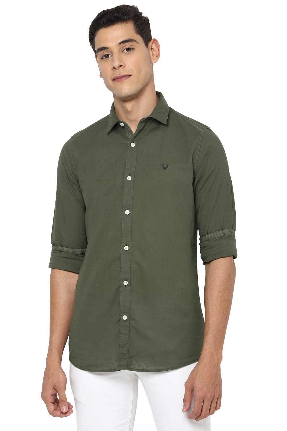 Allen Solly Men's Plain Slim Fit Casual Shirt (ASSFWMOFG80292_Olive_44) dress material - Shoppermaart