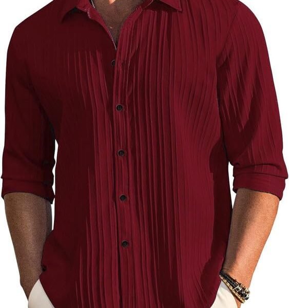 DEELMO Men's Casual Button Down Shirts Long Sleeve Linen Shirt Fashion Textured Beach Summer Shirt (in, Alpha, M, Regular, Maroon) dress material - Shoppermaart