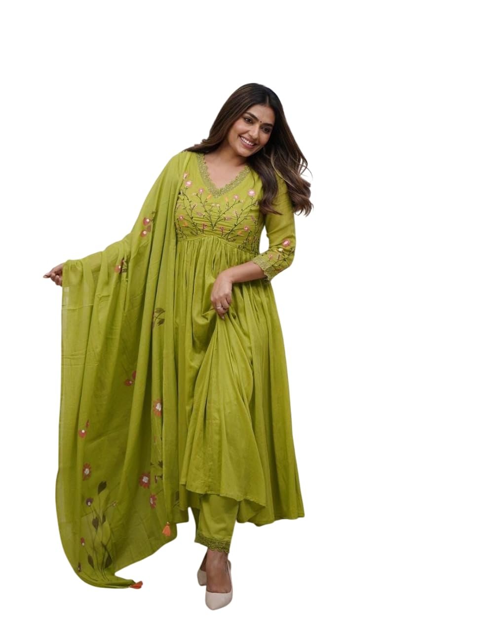 Women's Cotton Embroidered Long Anarkali Kurti with Pant and Dupatta Set (Apple Green-M) dress material - Shoppermaart