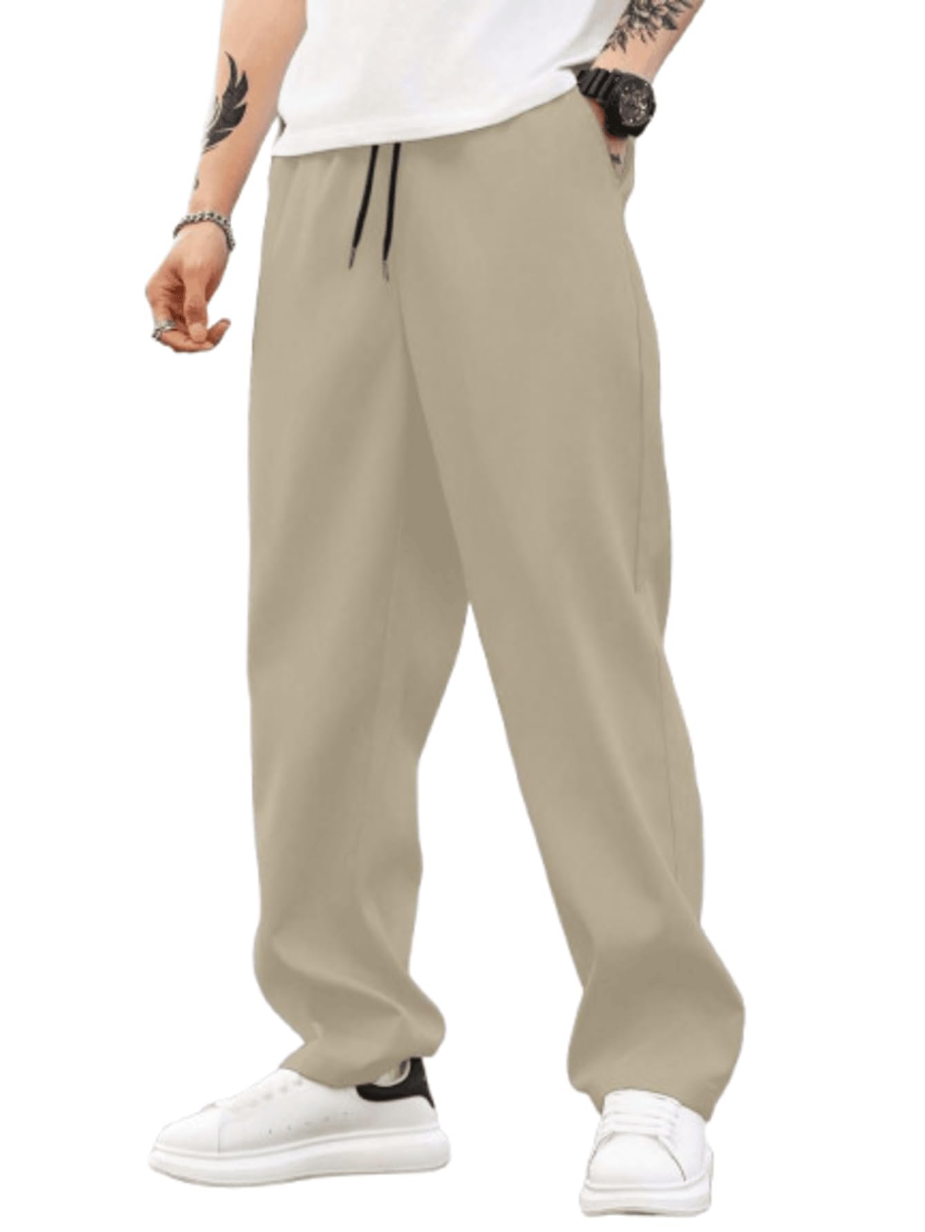 Aahwan Men’s Mid Rise Solid Drawstring Relaxed Fit Straight Leg Pants (283-Khaki-34)