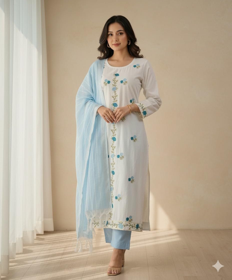 KNPLUS Women’s Elegant Embroidered Cotton Kurta Set with Dupatta | Ethnic Wear Straight Kurti Pant Set | Traditional Festive & Casual Wear for Women (IN, Alpha, L, Regular, White&Skyblue)