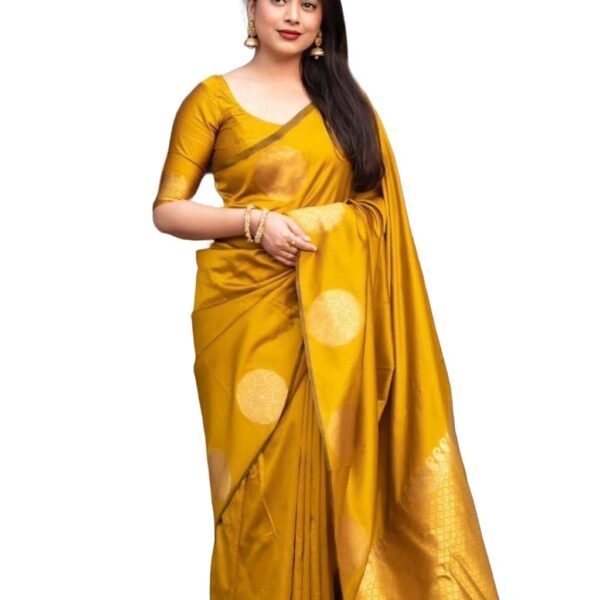 Yashika Women's Banarasi Kanjivaram Cotton Silk Woven Saree with Unstitched Blouse Material (AZ-YS-OG-SRIVALLI YELLOW) dress material - Shoppermaart