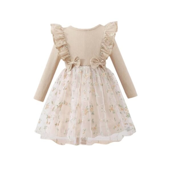 Tagas Girls' Dress|Elegant Beige Baby Girl Dress with Lace Ruffles & Floral Embroidery – Long Sleeve Princess Birthday Party Dress | Comfortable & Stylish Kids Wear| PartFrock for Kids | dress material - Shoppermaart