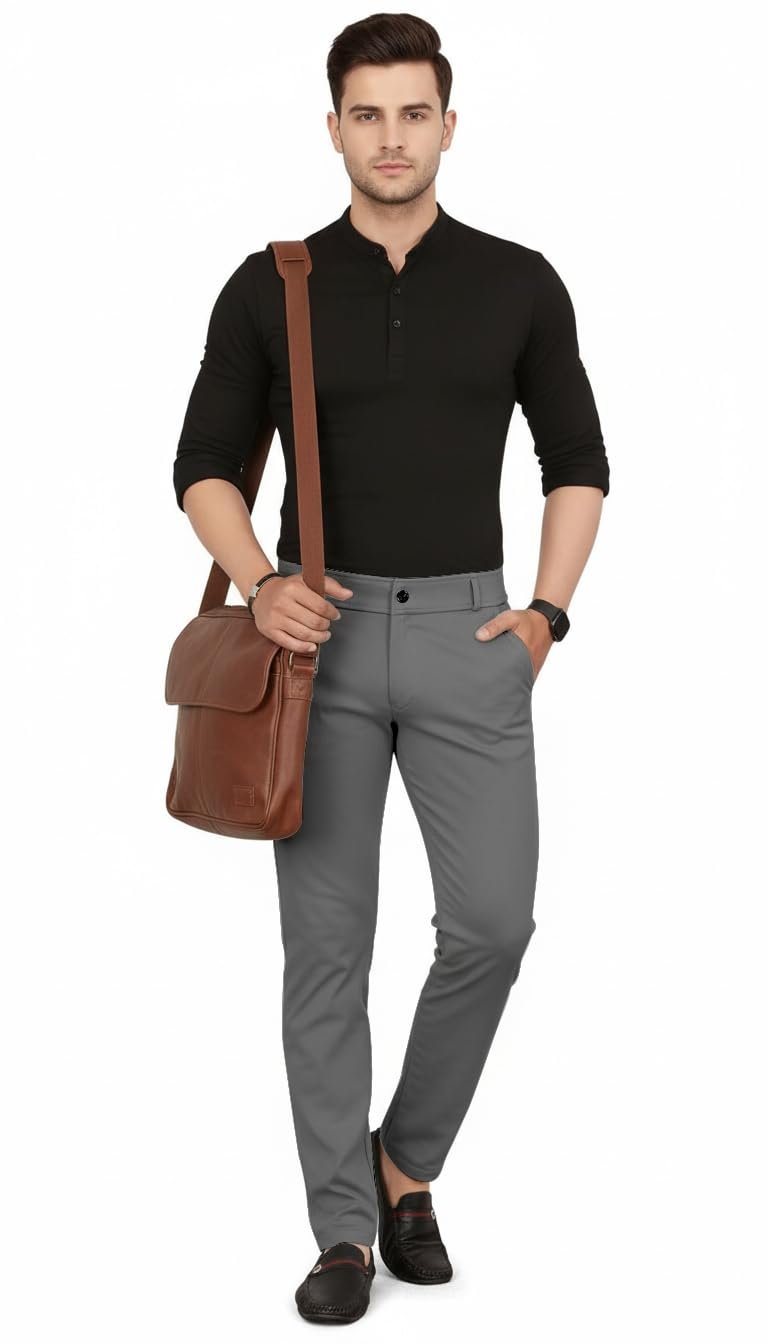 Mehrang Men’s Slim Fit Casual Mid Rise Trousers, Cotton Blend, Side Pockets || Classic Slim Fit Chino Pants || Business Casual Dress Trousers (in, Alpha, XL, Regular, Dark Grey)