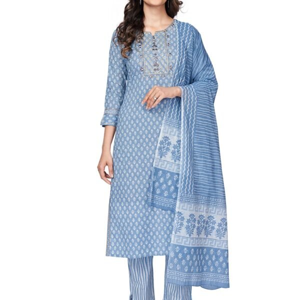 Vbuyz Women's Cotton Printed & Embroidered Straight Kurta Pant with Dupatta| Kurta Set for Women | Suit Set for Women | Kurti Dress Set | Cotton Fabric Set Blue dress material - Shoppermaart