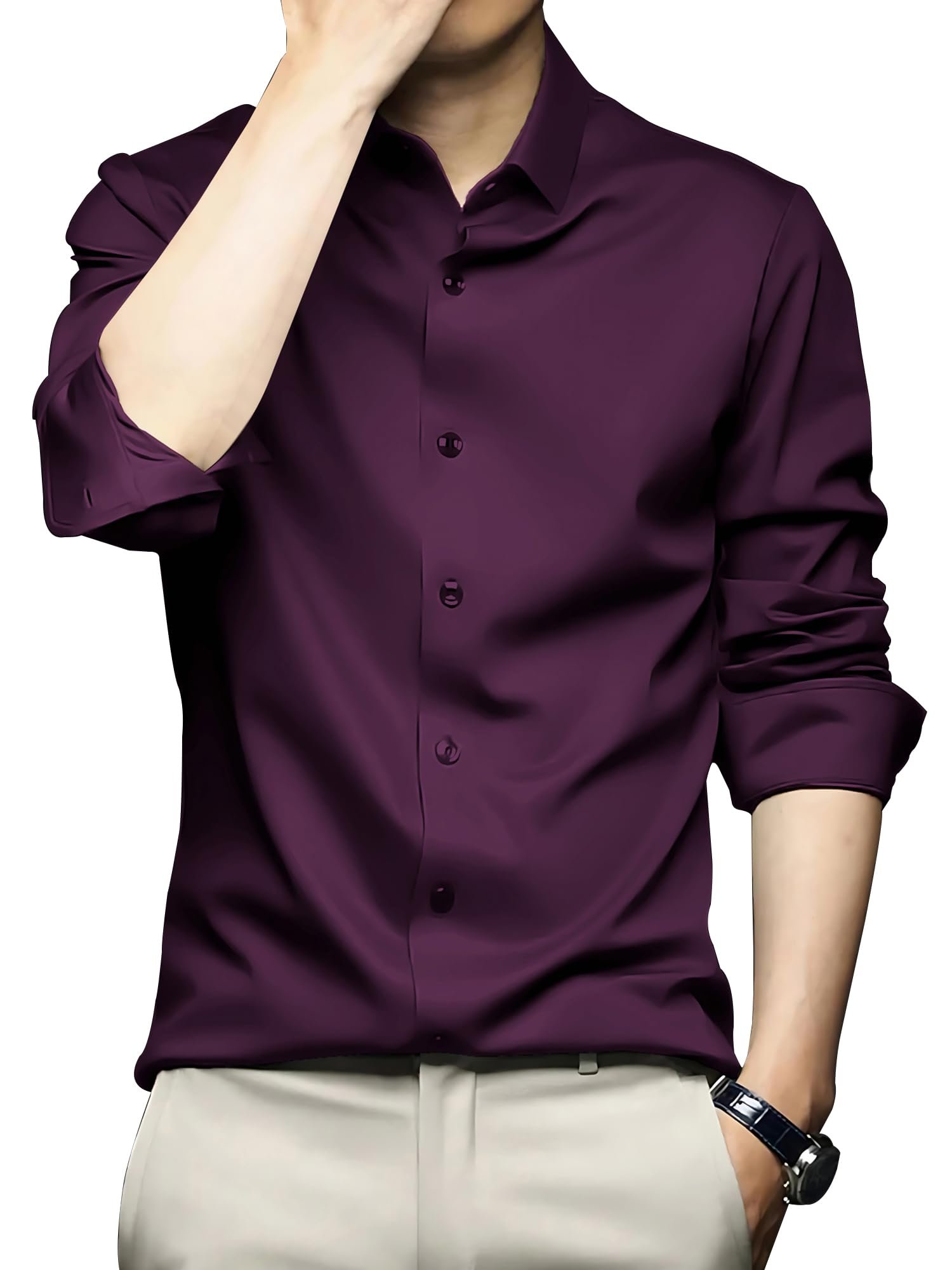 CVC Mens Satin Regular Fit Formal Shirt. Wine Purple-L dress material - Shoppermaart
