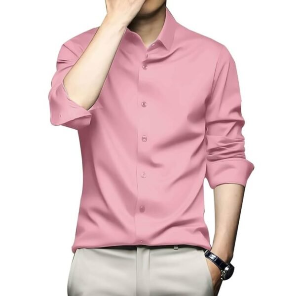 DEELMO Men's Stylish Solid Satin Casual Shirt for Men Full Sleeves| Poly Satin Silk Shirt Light Pink dress material - Shoppermaart