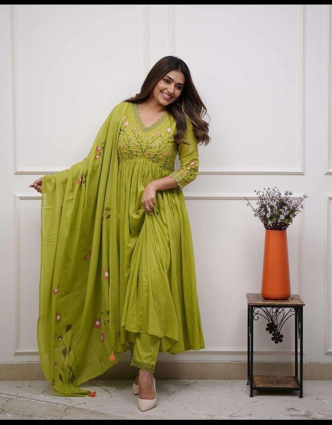 Women’s Cotton Embroidered Long Anarkali Kurti with Pant and Dupatta Set (Apple Green-M)