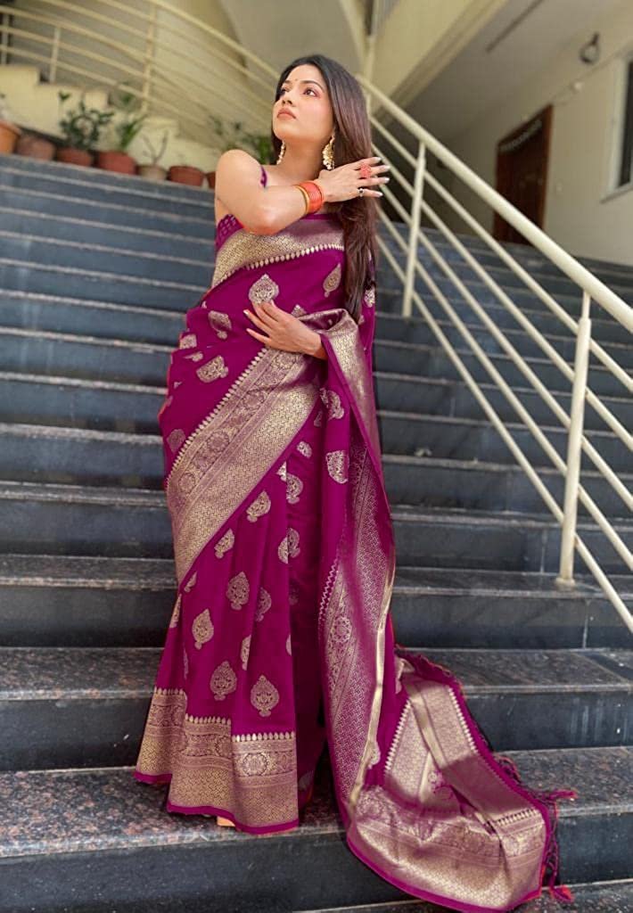 C J Enterprise Women's Banarasi Silk Saree Pure Soft Kanjivaram Sari Party Design Wear Pattu Sarees Latest Cotton With Blouse Piece For Wedding Sadi New Ladies 2026 500 collection 1000 (Pari122 Wine) - Image 8