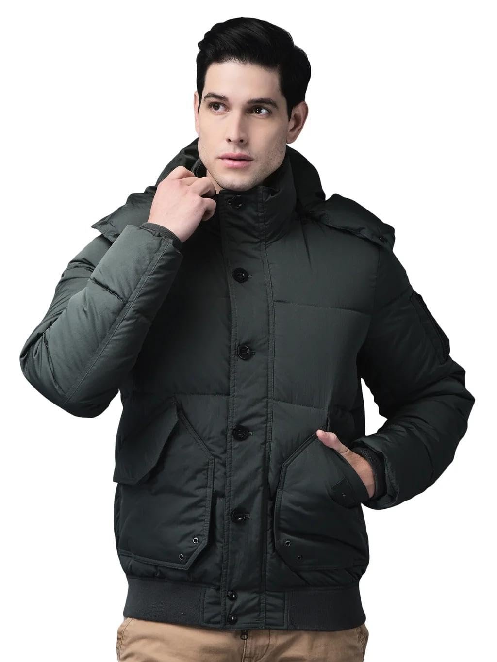 Woodland Men's Olive Green Hooded Quilted Winter | Lightweight & Stylish | M | Olive dress material - Shoppermaart