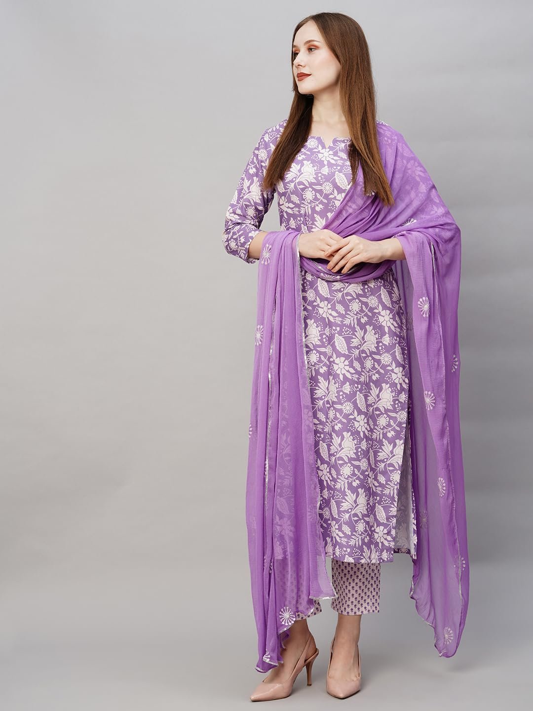 GoSriKi Women's Cotton Blend Floral Straight Kurta with Pant & Dupatta (MEI Purple-NW-GS X-Large) - Image 5