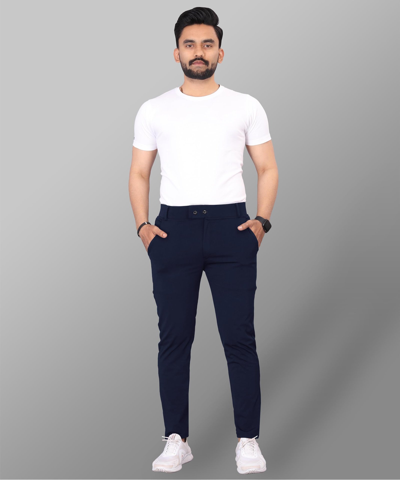 Mehrang Men’s Mid Rise Slim Fit Casual Trousers, Cotton Blend, Side Pockets (Numeric, 32, Regular, Navy Blue)