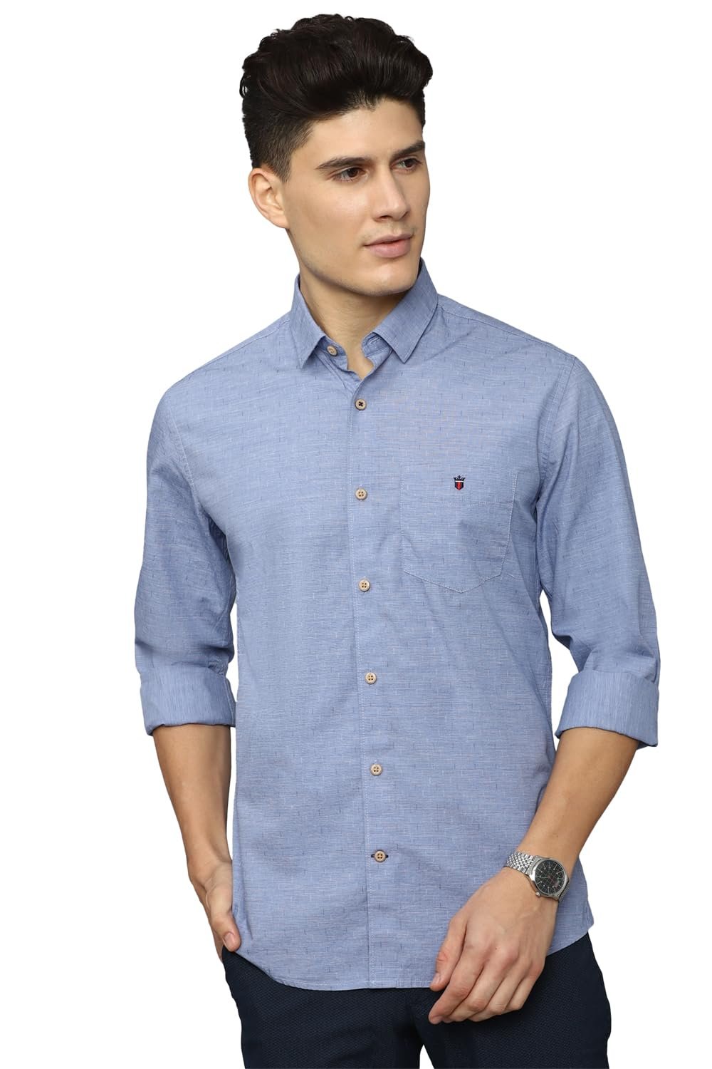 Louis Philippe Men's Cotton Slim Fit Shirt (LYSFCSLBV39256_Blue 40) dress material - Shoppermaart