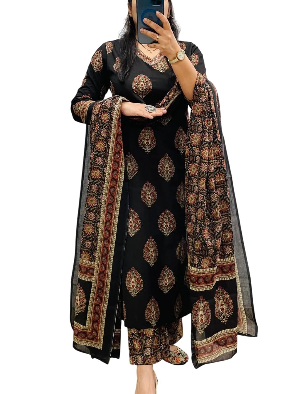 Rangnavi Women's Cotton Trending Straight Kurta with Pants and Dupatta Set | Ethnic Set (Black) dress material - Shoppermaart