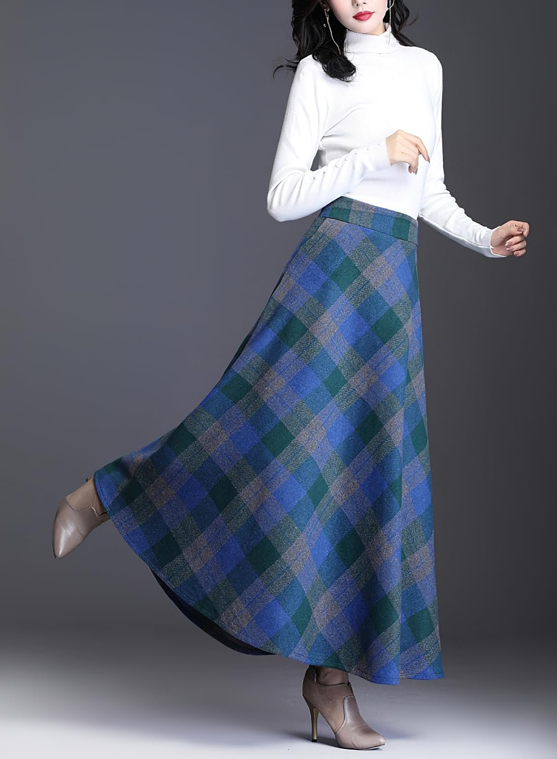 Leyoutx Polyester Women's Winter Warm Wool Plaid High Waist A-Line Drape Pleated Maxi Skirts with Pockets, Blue, XX-Large - Image 4