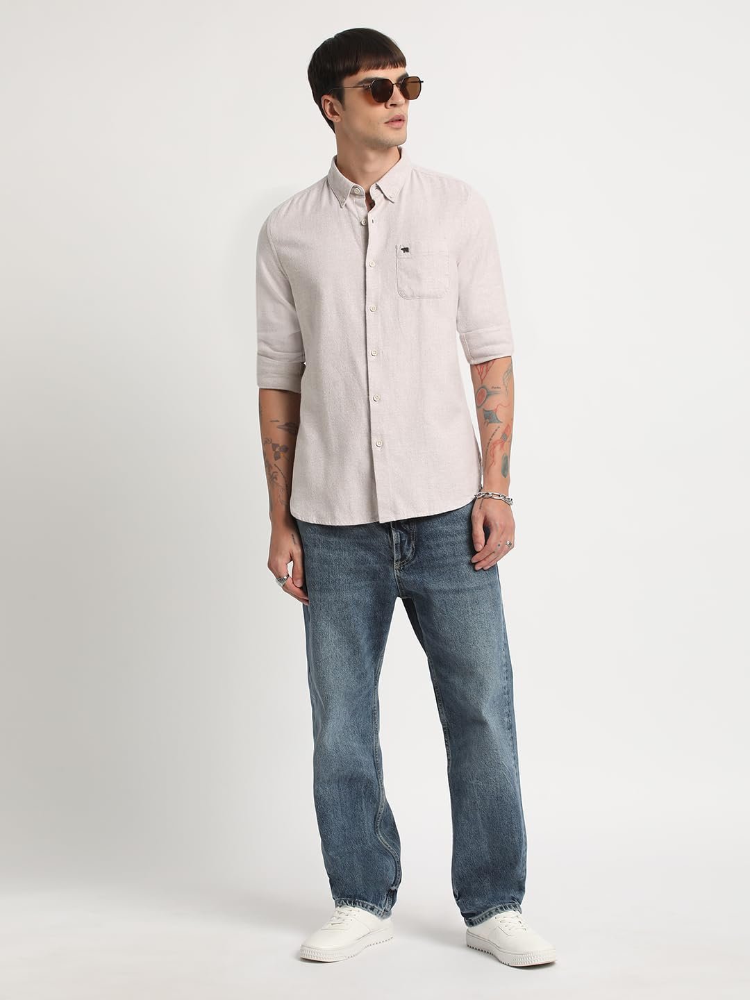 THE BEAR HOUSE Men’s Cotton Solid Slim Fit Flannel Casual Shirt Cream