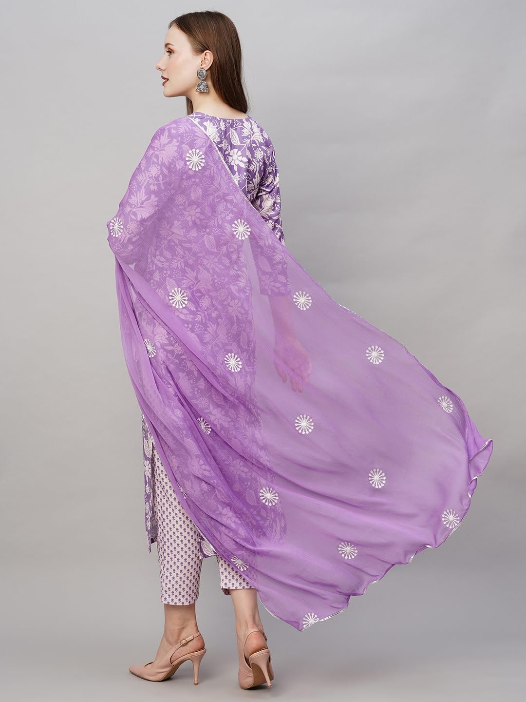 GoSriKi Women's Cotton Blend Floral Straight Kurta with Pant & Dupatta (MEI Purple-NW-GS X-Large) - Image 8