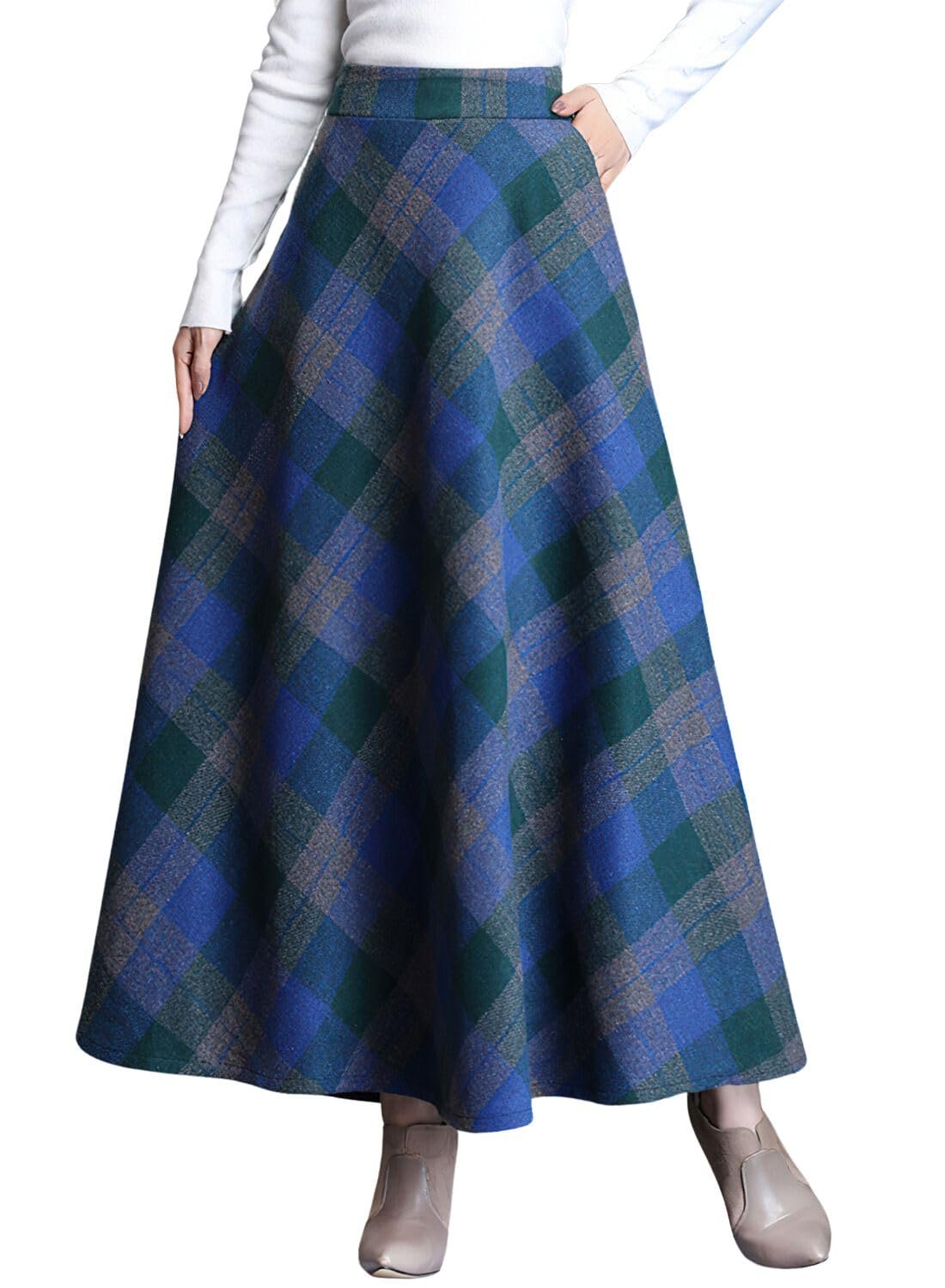 Leyoutx Polyester Women's Winter Warm Wool Plaid High Waist A-Line Drape Pleated Maxi Skirts with Pockets, Blue, XX-Large dress material - Shoppermaart