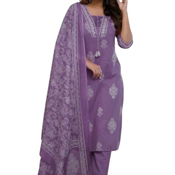 PARTHV Women's Pure Cotton Printed with Handwork Kurta with Pants and Dupatta Set, Wedding Ethnic Suit Set, P-1079, Purple, XXL dress material - Shoppermaart