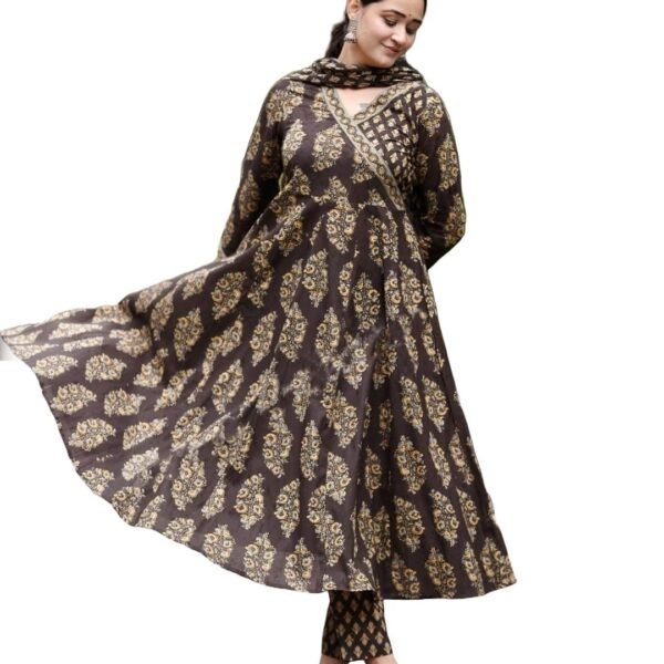 Nermosa Women Printed Angarakha Flared Kurta and Pant Set with Dupatta (IN, Alpha, S, Brown) dress material - Shoppermaart