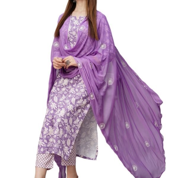 GoSriKi Women's Cotton Blend Floral Straight Kurta with Pant & Dupatta (MEI Purple-NW-GS X-Large) dress material - Shoppermaart