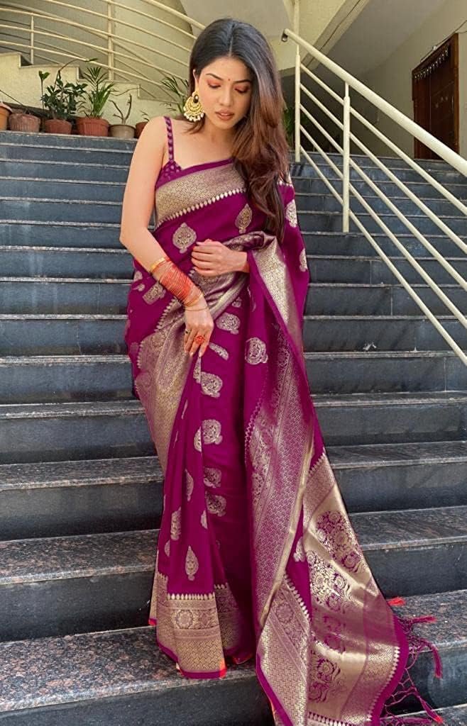 C J Enterprise Women's Banarasi Silk Saree Pure Soft Kanjivaram Sari Party Design Wear Pattu Sarees Latest Cotton With Blouse Piece For Wedding Sadi New Ladies 2026 500 collection 1000 (Pari122 Wine) - Image 5