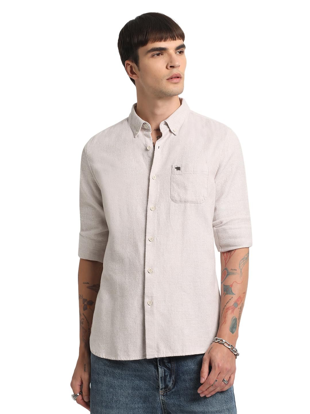 THE BEAR HOUSE Men's Cotton Solid Slim Fit Flannel Casual Shirt Cream dress material - Shoppermaart
