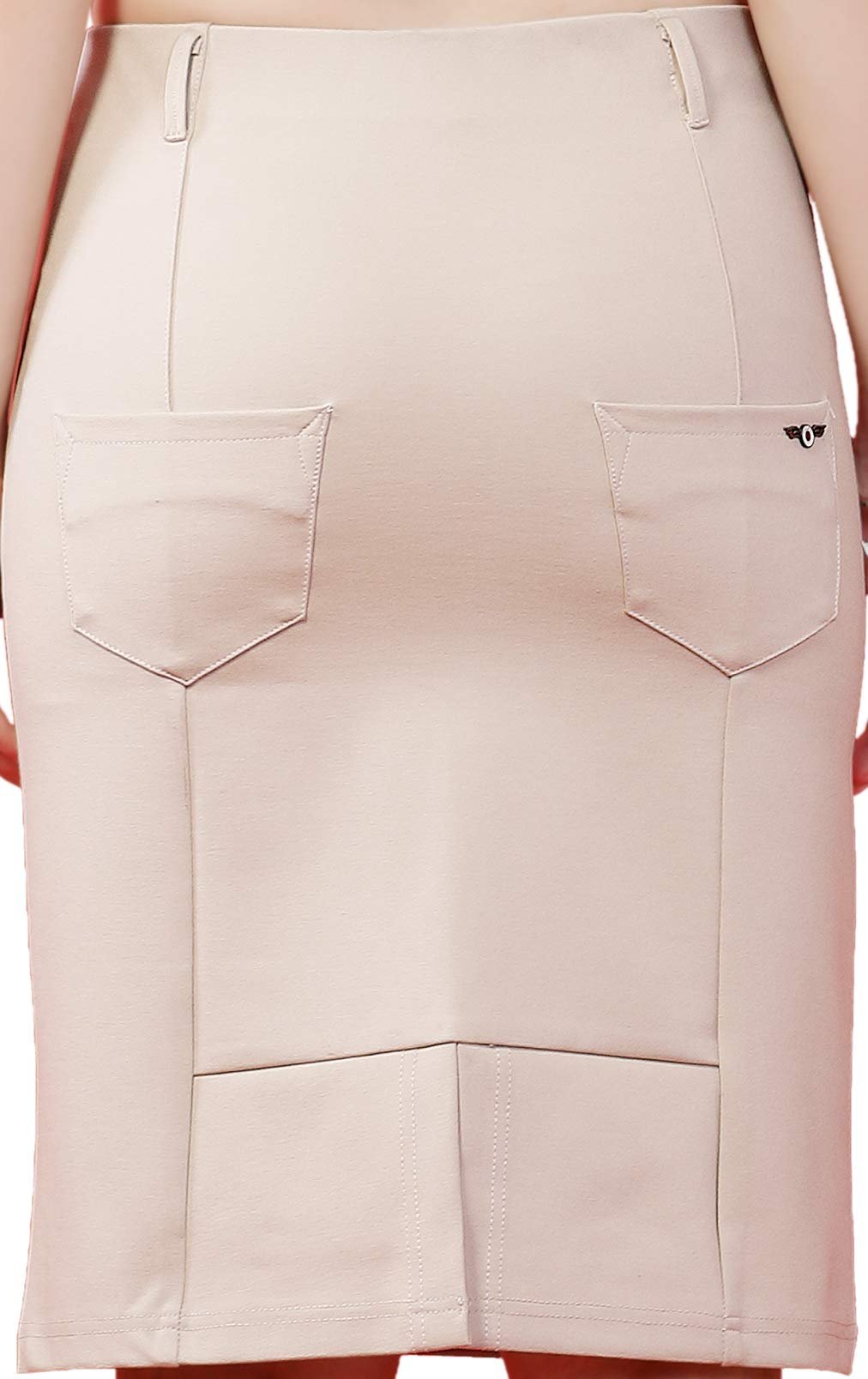 FCK-3 Stretchable Cotton Blend Roma Fabric Beige Color Pencil Type Elasticnated Closure Skirt for Women-28