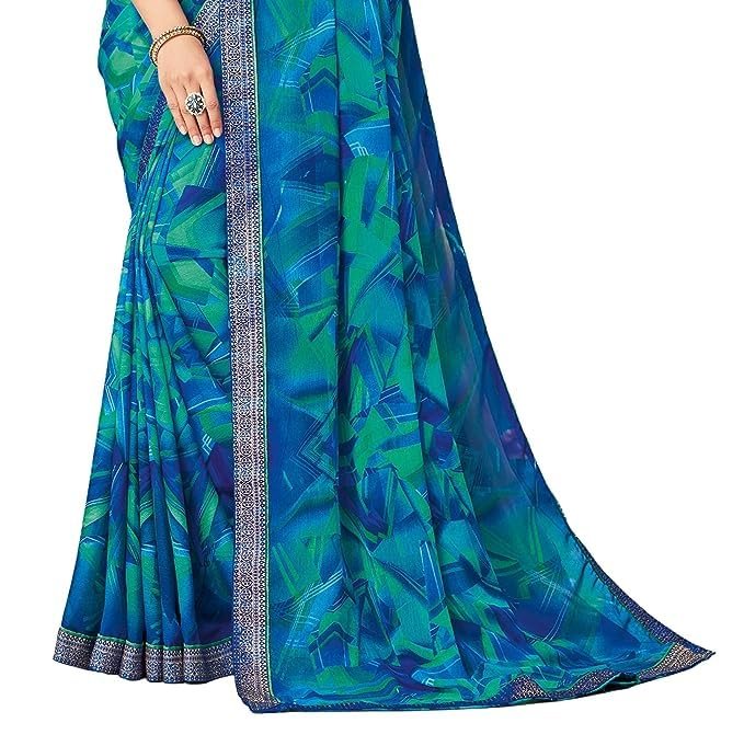 SIRIL Women's Lace & Printed Chiffon Saree with Blouse(2206S934_Blue & Multi) - Image 3