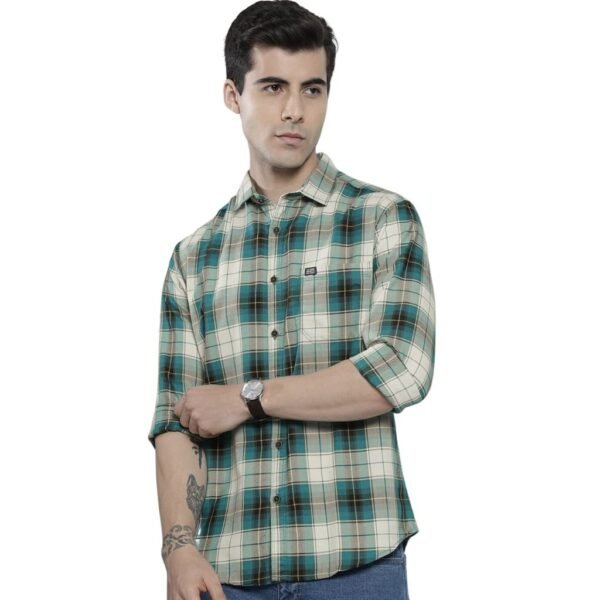 The Indian Garage Co Men Green & White Checkered Slim Fit Casual Shirt dress material - Shoppermaart