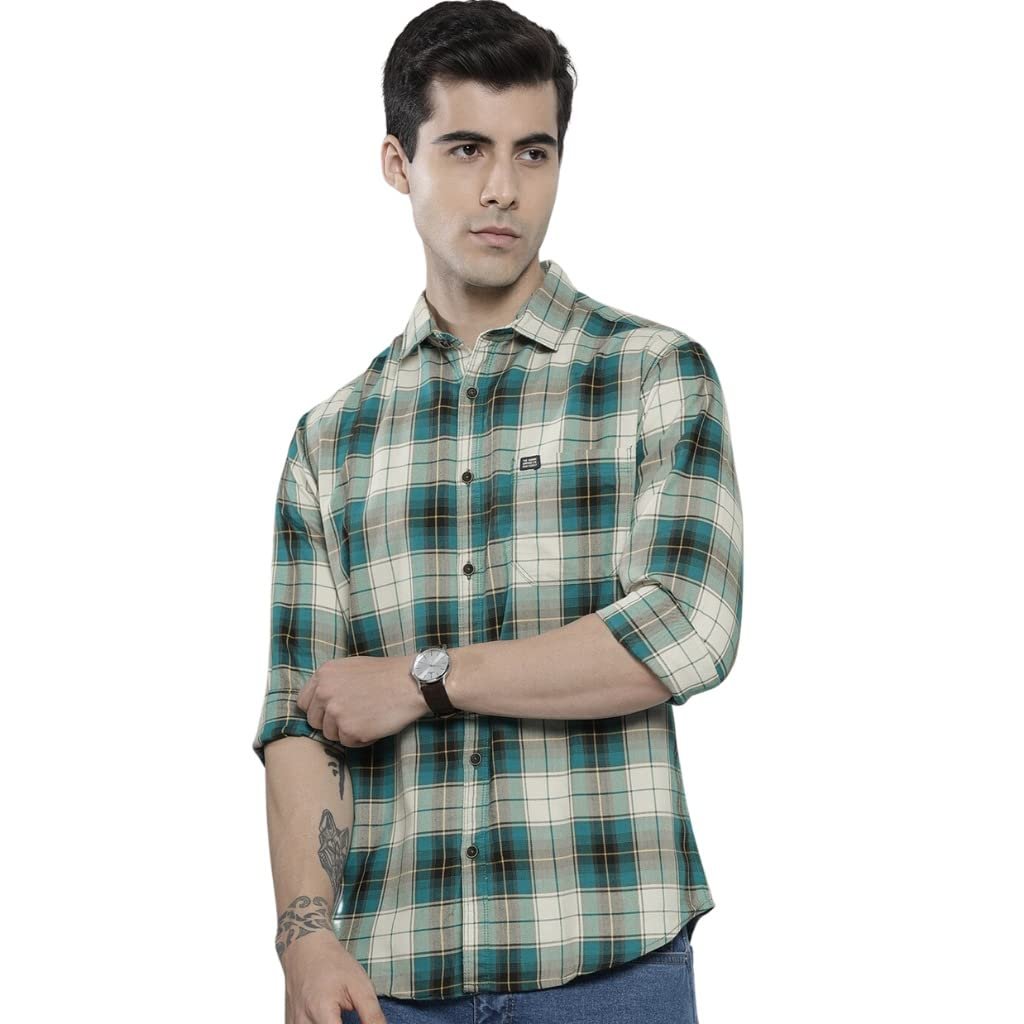 The Indian Garage Co Men Green & White Checkered Slim Fit Casual Shirt dress material - Shoppermaart