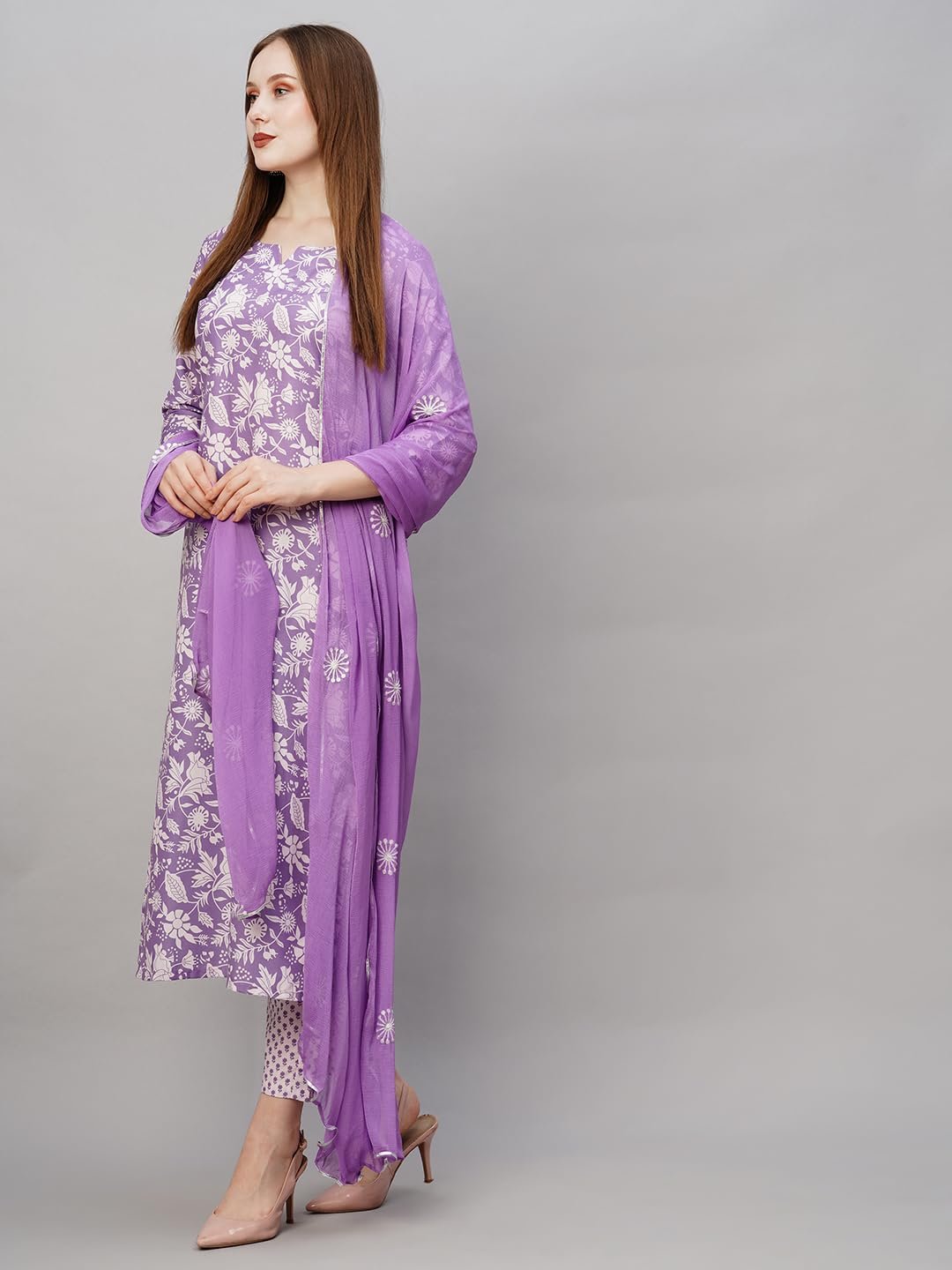 GoSriKi Women's Cotton Blend Floral Straight Kurta with Pant & Dupatta (MEI Purple-NW-GS X-Large) - Image 7
