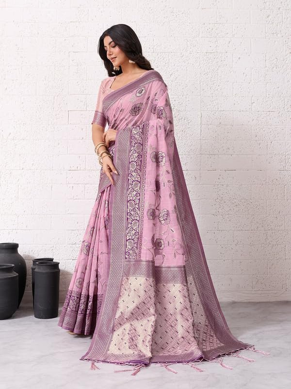 Rekha Maniyar Women’s Banarasi Silk Rani Saree with Unstitched Blouse | Woven Zari Floral Foil Print Design | 5.5 m Saree with 0.8 m Blouse | Festive & Casual - Image 5