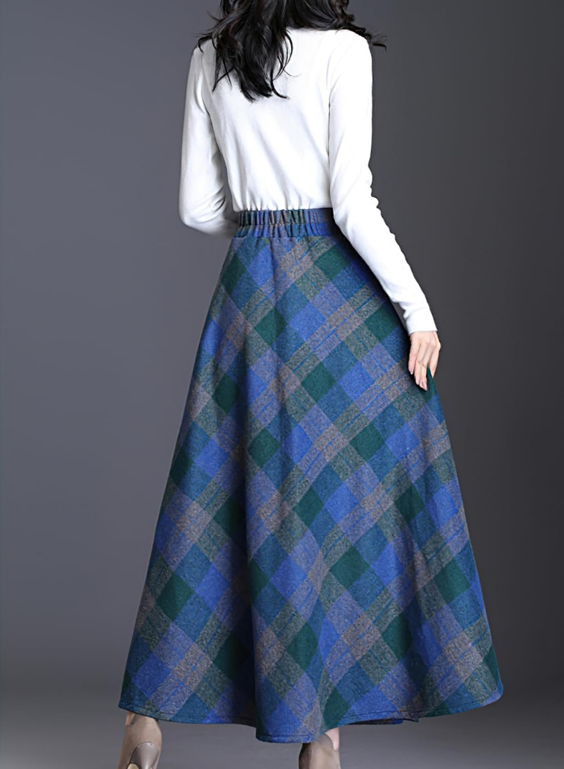 Leyoutx Polyester Women's Winter Warm Wool Plaid High Waist A-Line Drape Pleated Maxi Skirts with Pockets, Blue, XX-Large - Image 3