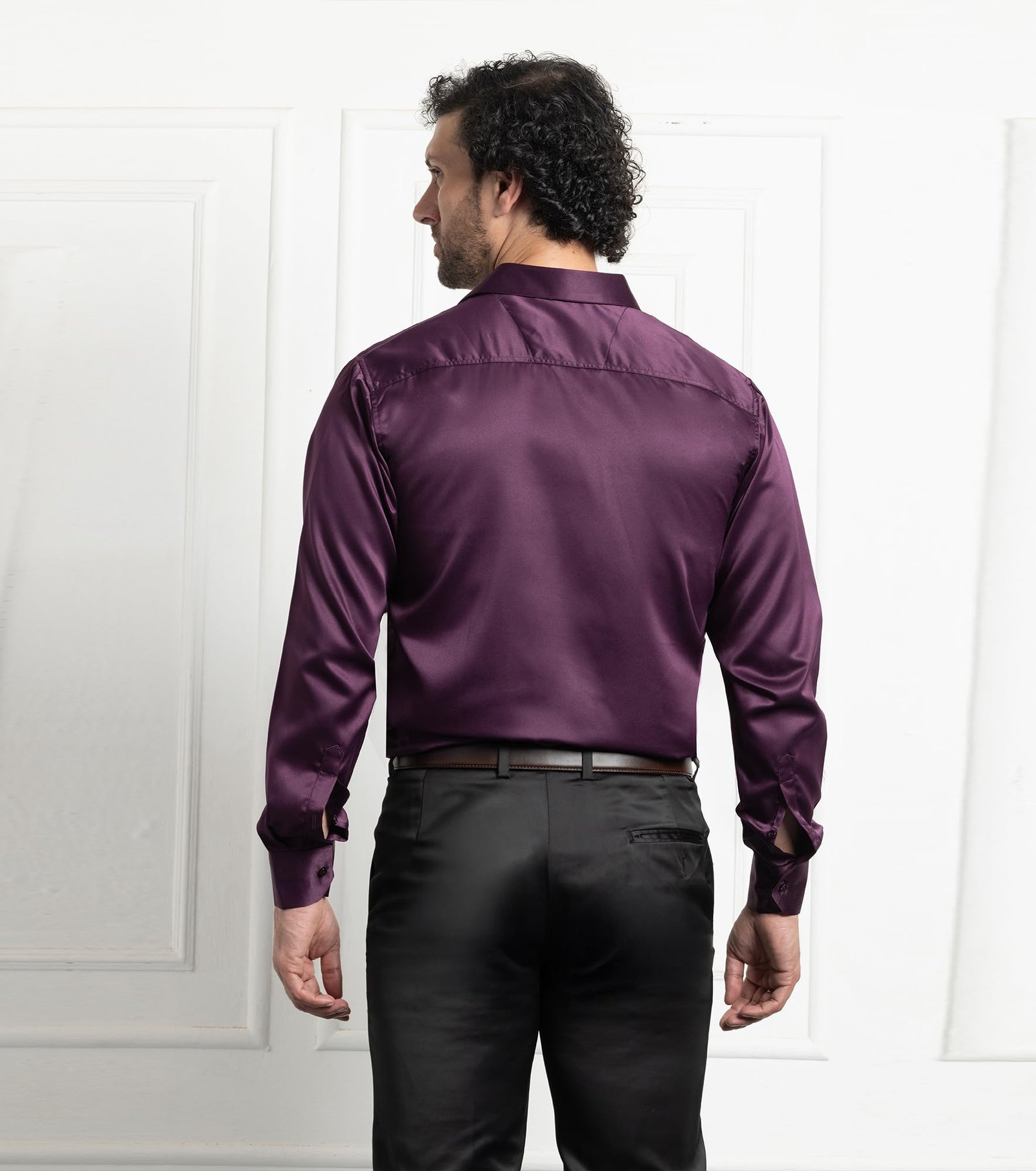CVC Mens Satin Regular Fit Formal Shirt. Wine Purple-L - Image 5