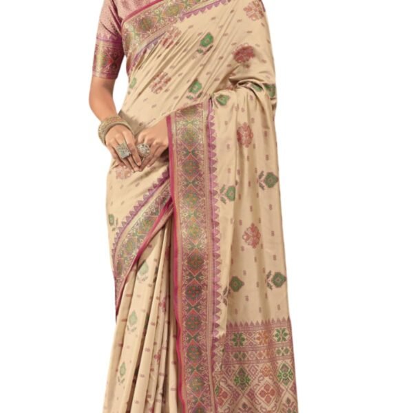 SWORNOF Women's Patola silk saree for Patola festival Wedding silk with rich pallu Design sarees for women with blouse piece (CREAM) dress material - Shoppermaart