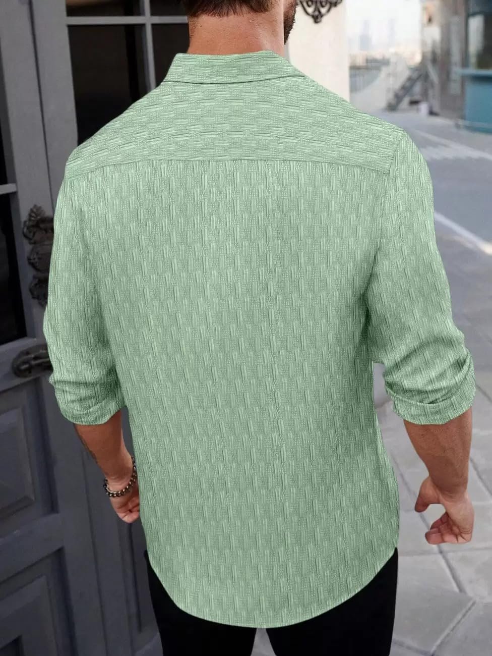 DEELMO Men's Regular Fit Button Down Dress Shirts Textured Long Sleeve Casual Hawaiian Shirt Pista - Image 4