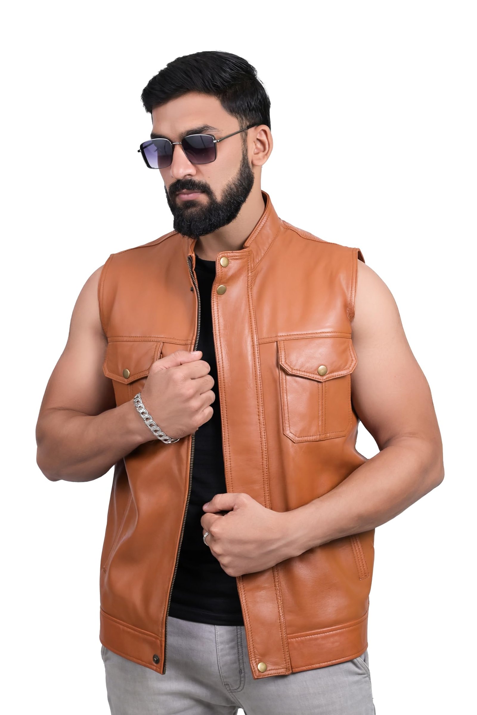 Leather Sleeveless Jacket For Man, Slim Fit Biker Jacket With Quilted Soldier for Men with Zip Closure and Side Pockets, Stylish Winter Wear Casual Outerwear for Men (Tan, FHJKT038_XL) - Image 6