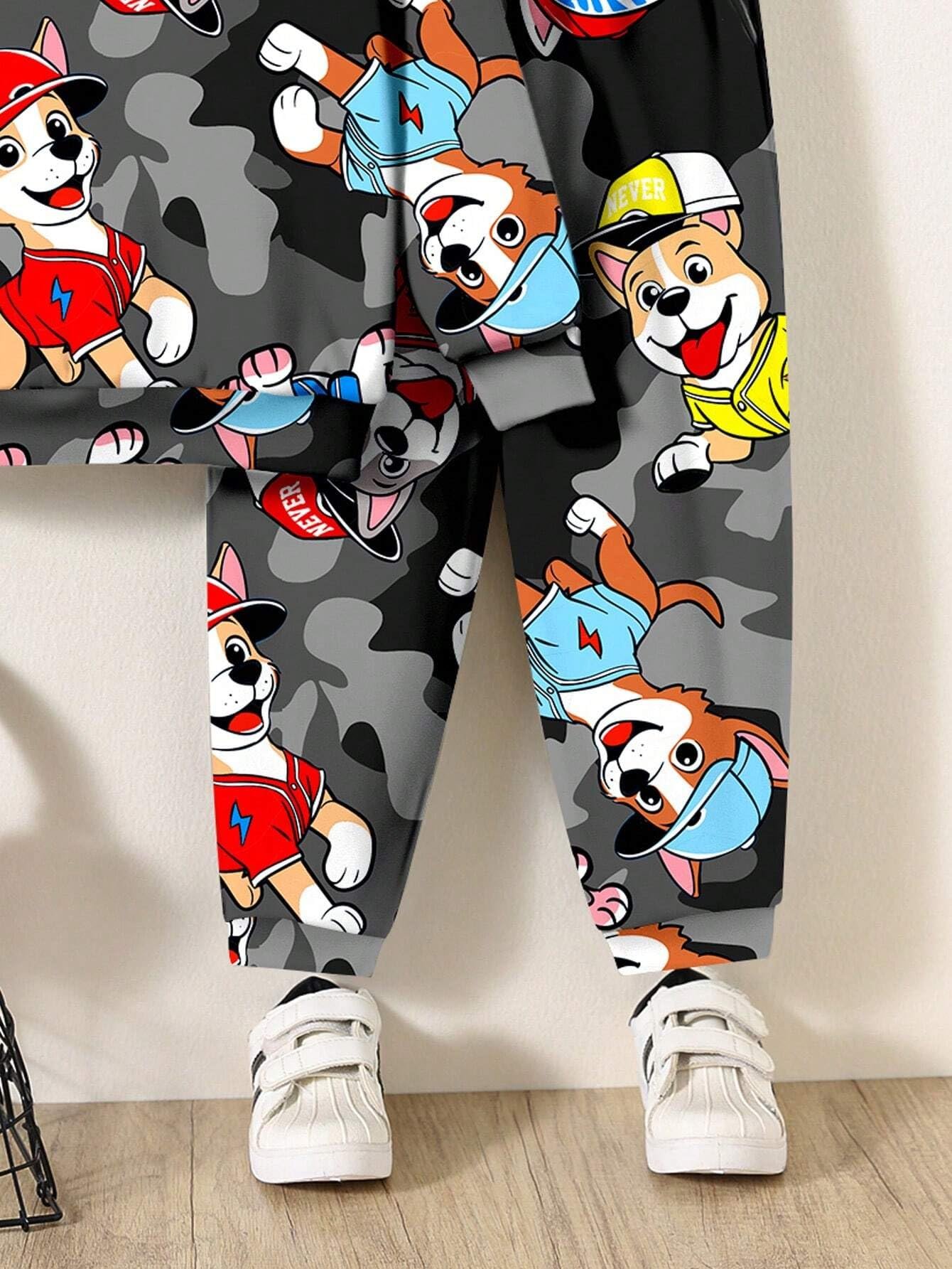URBAN OX Kids Cartoon Puppy Print Sweatshirt and Joggers Set, Grey Camouflage Pattern, Casual Wear (Black, 5 Years-6 Years)