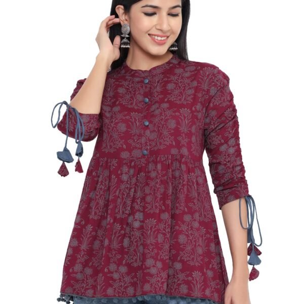 KBZ Womens Rayon Floral Print Regular Wear Top Wine M dress material - Shoppermaart